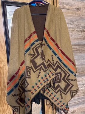 Southwestern Print Fringe Poncho - Olive, Rust, Teal & Brown